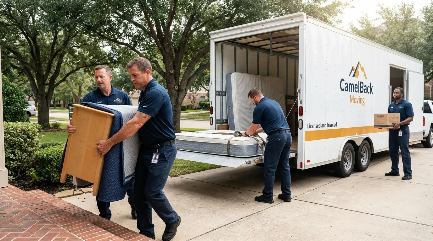 Crew loading residential truck for cross-state move from Crown Point, IN