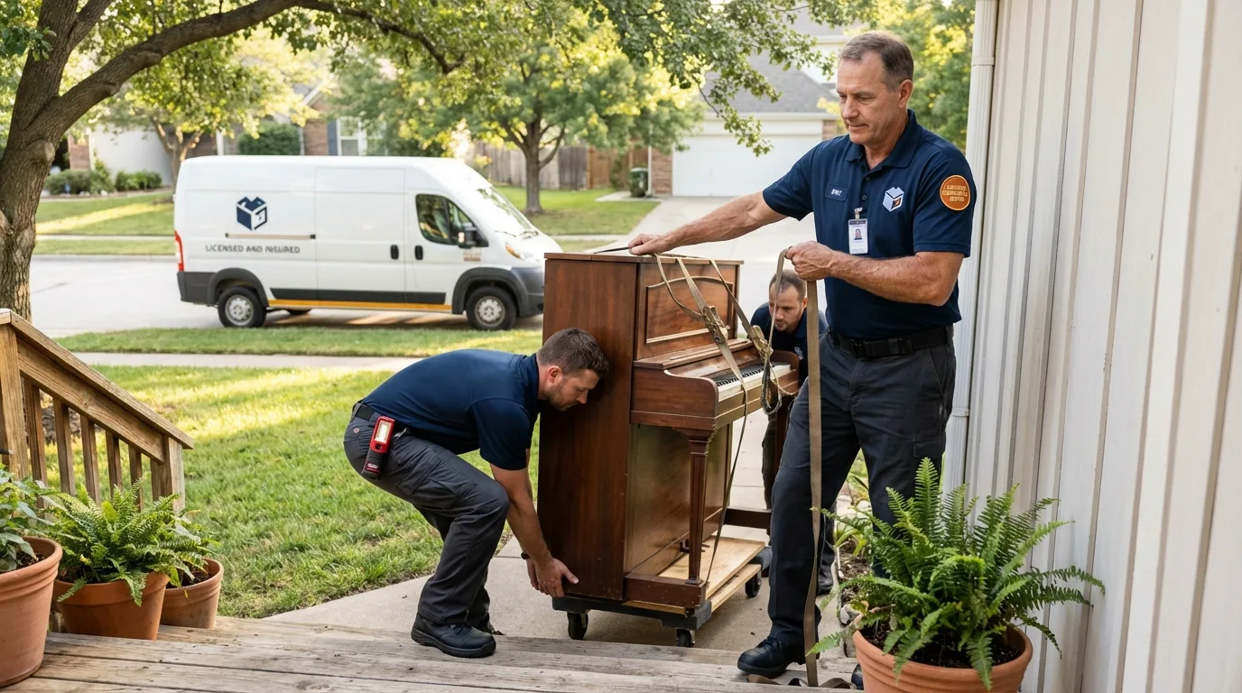 Licensed piano movers securing grand piano in Crown Point, IN