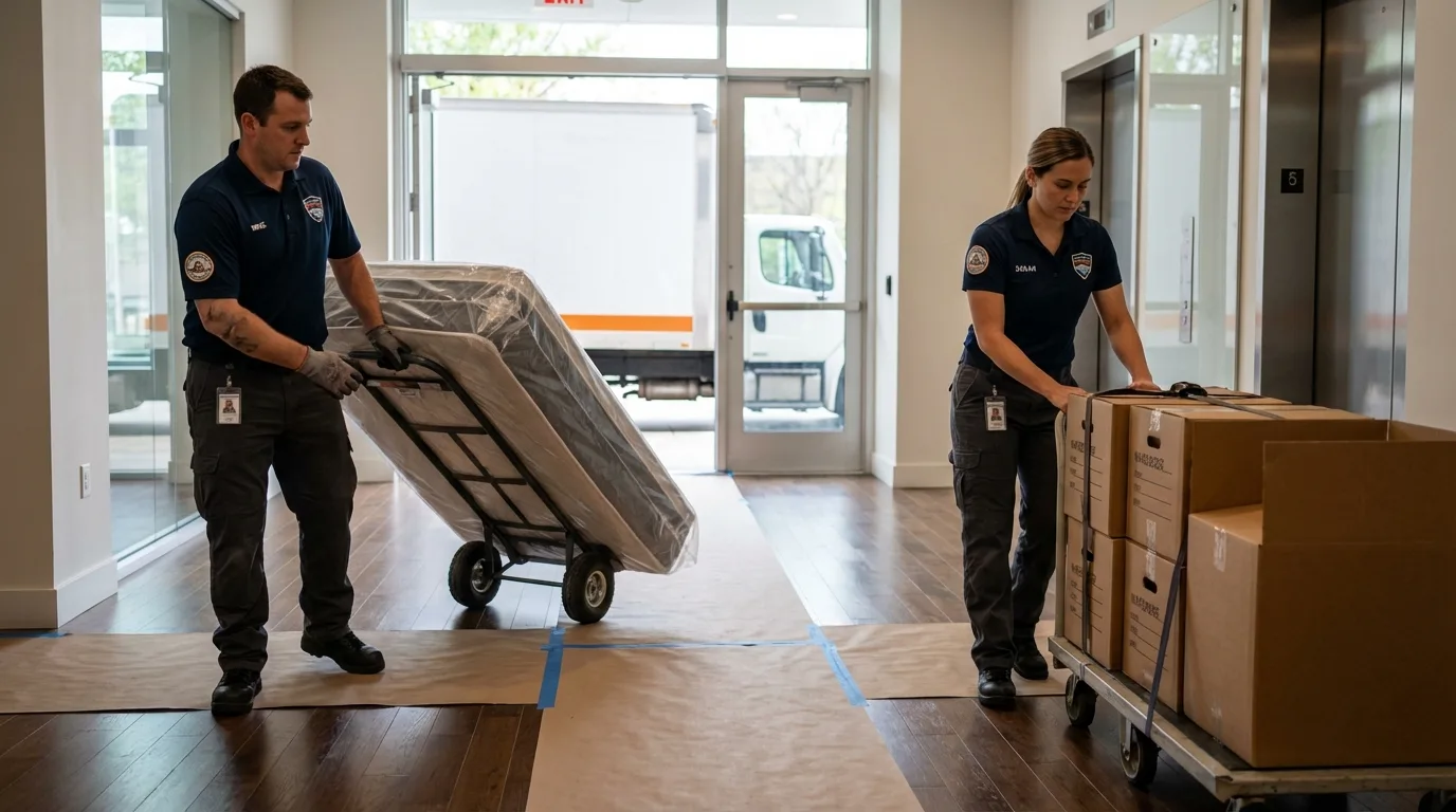 Professional apartment movers loading elevator in Crown Point, IN